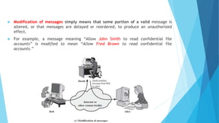  Modification of messages simply means that some portion of a valid message is
altered, or that messages are delayed or reordered, to produce an unauthorized
effect.
 For example, a message meaning “Allow John Smith to read confidential file
accounts” is modified to mean “Allow Fred Brown to read confidential file
accounts.”
 