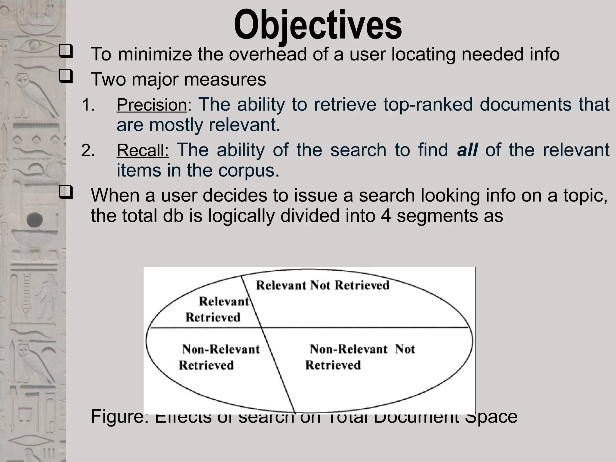 Objectives
 To minimize the overhead of a user locating needed info
 Two major measures
1. Precision: The ability to retrieve top-ranked documents that
are mostly relevant.
2. Recall: The ability of the search to find all of the relevant
items in the corpus.
 When a user decides to issue a search looking info on a topic,
the total db is logically divided into 4 segments as
Figure: Effects of search on Total Document Space
 