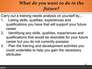 1-13
What do you want to do in the
future?
13
Carry out a training needs analysis on yourself by...
1. · Listing skills, qualities, experiences and
qualifications you have that will support your future
career
2. · Identifying any skills, qualities, experiences and
qualifications that would be desirable for your future
career but you do not currently possess
3. · Plan the training and development activities you
could undertake to help you gain the necessary
attributes
 