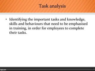 1-15
Task analysis
• Identifying the important tasks and knowledge,
skills and behaviours that need to be emphasised
in training, in order for employees to complete
their tasks.
 