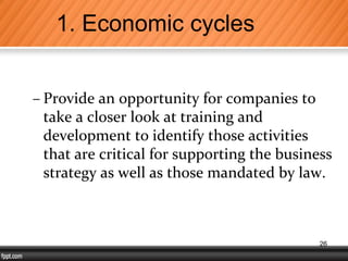 – Provide an opportunity for companies to
take a closer look at training and
development to identify those activities
that are critical for supporting the business
strategy as well as those mandated by law.
1. Economic cycles
26
 