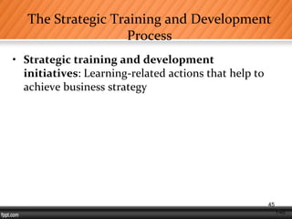 1-45
The Strategic Training and Development
Process
• Strategic training and development
initiatives: Learning-related actions that help to
achieve business strategy
45
 