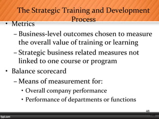 1-48
The Strategic Training and Development
Process
• Metrics
– Business-level outcomes chosen to measure
the overall value of training or learning
– Strategic business related measures not
linked to one course or program
• Balance scorecard
– Means of measurement for:
• Overall company performance
• Performance of departments or functions
48
 