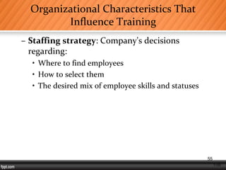 1-55
Organizational Characteristics That
Influence Training
– Staffing strategy: Company's decisions
regarding:
• Where to find employees
• How to select them
• The desired mix of employee skills and statuses
55
 