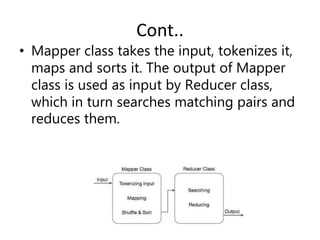 Cont..
• Mapper class takes the input, tokenizes it,
maps and sorts it. The output of Mapper
class is used as input by Reducer class,
which in turn searches matching pairs and
reduces them.
 