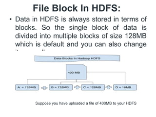File Block In HDFS:
• Data in HDFS is always stored in terms of
blocks. So the single block of data is
divided into multiple blocks of size 128MB
which is default and you can also change
it manually.
Suppose you have uploaded a file of 400MB to your HDFS
 