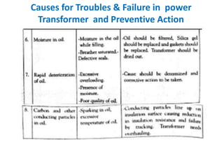 Causes for Troubles & Failure in power
Transformer and Preventive Action
 