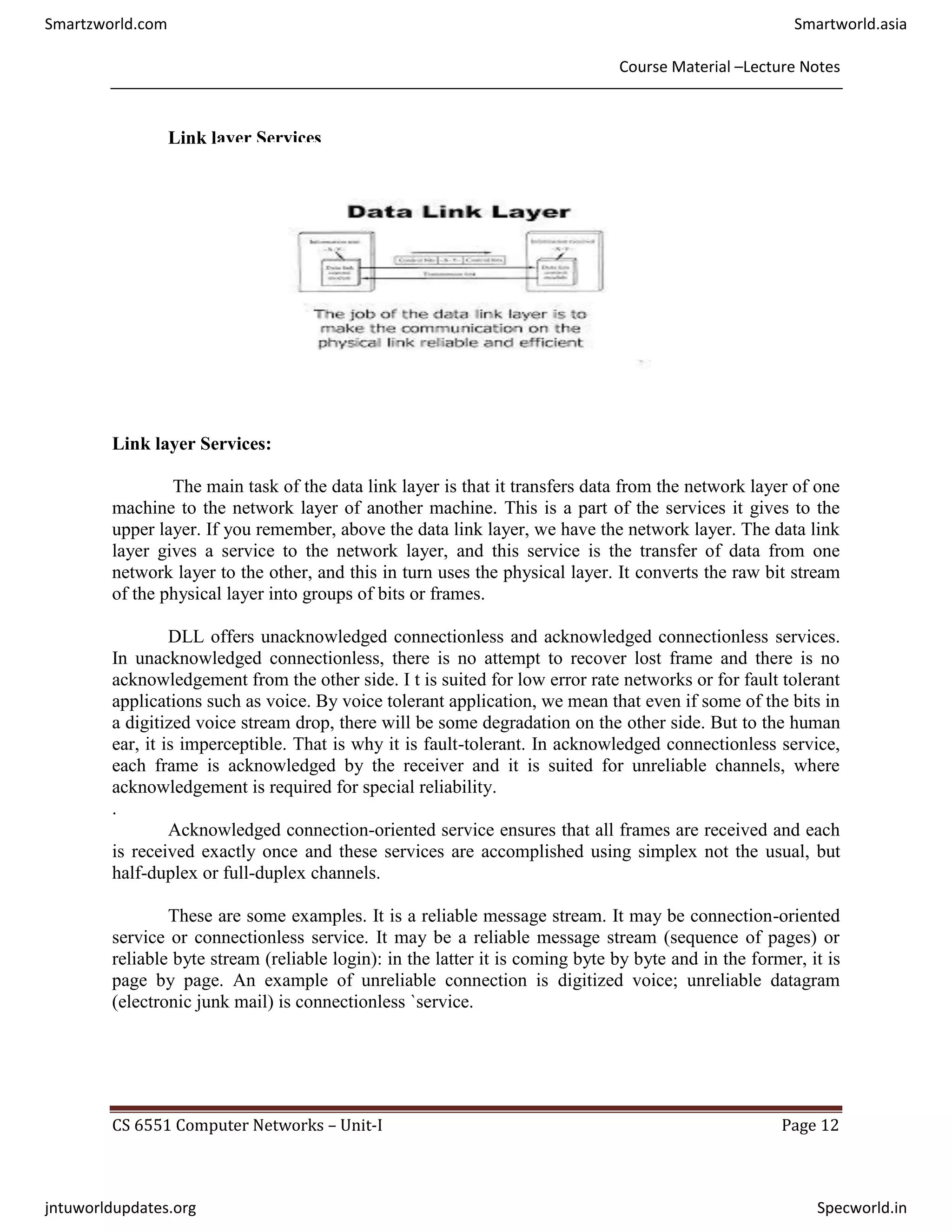 Course Material –Lecture Notes
CS 6551 Computer Networks – Unit-I Page 12
Link layer Services
Link layer Services:
The main task of the data link layer is that it transfers data from the network layer of one
machine to the network layer of another machine. This is a part of the services it gives to the
upper layer. If you remember, above the data link layer, we have the network layer. The data link
layer gives a service to the network layer, and this service is the transfer of data from one
network layer to the other, and this in turn uses the physical layer. It converts the raw bit stream
of the physical layer into groups of bits or frames.
DLL offers unacknowledged connectionless and acknowledged connectionless services.
In unacknowledged connectionless, there is no attempt to recover lost frame and there is no
acknowledgement from the other side. I t is suited for low error rate networks or for fault tolerant
applications such as voice. By voice tolerant application, we mean that even if some of the bits in
a digitized voice stream drop, there will be some degradation on the other side. But to the human
ear, it is imperceptible. That is why it is fault-tolerant. In acknowledged connectionless service,
each frame is acknowledged by the receiver and it is suited for unreliable channels, where
acknowledgement is required for special reliability.
.
Acknowledged connection-oriented service ensures that all frames are received and each
is received exactly once and these services are accomplished using simplex not the usual, but
half-duplex or full-duplex channels.
These are some examples. It is a reliable message stream. It may be connection-oriented
service or connectionless service. It may be a reliable message stream (sequence of pages) or
reliable byte stream (reliable login): in the latter it is coming byte by byte and in the former, it is
page by page. An example of unreliable connection is digitized voice; unreliable datagram
(electronic junk mail) is connectionless `service.
Smartzworld.com Smartworld.asia
jntuworldupdates.org Specworld.in
 