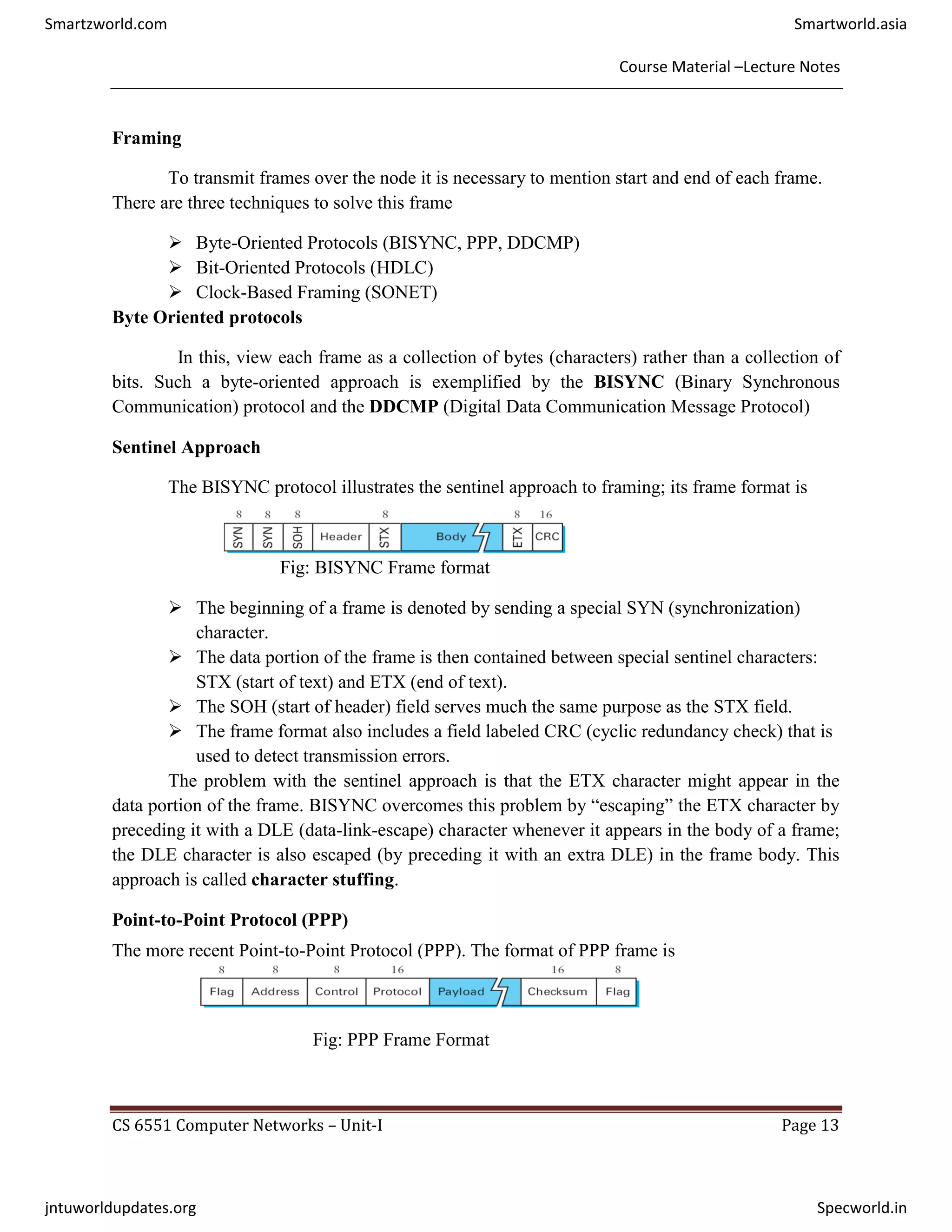 Course Material –Lecture Notes
CS 6551 Computer Networks – Unit-I Page 13
Framing
To transmit frames over the node it is necessary to mention start and end of each frame.
There are three techniques to solve this frame
 Byte-Oriented Protocols (BISYNC, PPP, DDCMP)
 Bit-Oriented Protocols (HDLC)
 Clock-Based Framing (SONET)
Byte Oriented protocols
In this, view each frame as a collection of bytes (characters) rather than a collection of
bits. Such a byte-oriented approach is exemplified by the BISYNC (Binary Synchronous
Communication) protocol and the DDCMP (Digital Data Communication Message Protocol)
Sentinel Approach
The BISYNC protocol illustrates the sentinel approach to framing; its frame format is
Fig: BISYNC Frame format
 The beginning of a frame is denoted by sending a special SYN (synchronization)
character.
 The data portion of the frame is then contained between special sentinel characters:
STX (start of text) and ETX (end of text).
 The SOH (start of header) field serves much the same purpose as the STX field.
 The frame format also includes a field labeled CRC (cyclic redundancy check) that is
used to detect transmission errors.
The problem with the sentinel approach is that the ETX character might appear in the
data portion of the frame. BISYNC overcomes this problem by ―escaping‖ the ETX character by
preceding it with a DLE (data-link-escape) character whenever it appears in the body of a frame;
the DLE character is also escaped (by preceding it with an extra DLE) in the frame body. This
approach is called character stuffing.
Point-to-Point Protocol (PPP)
The more recent Point-to-Point Protocol (PPP). The format of PPP frame is
Fig: PPP Frame Format
Smartzworld.com Smartworld.asia
jntuworldupdates.org Specworld.in
 