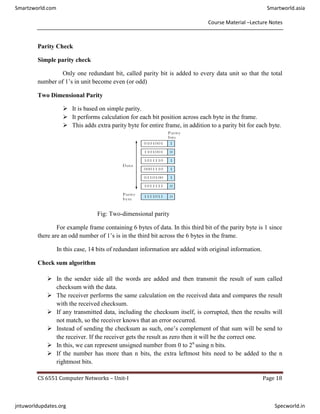 Course Material –Lecture Notes
CS 6551 Computer Networks – Unit-I Page 18
Parity Check
Simple parity check
Only one redundant bit, called parity bit is added to every data unit so that the total
number of 1’s in unit become even (or odd)
Two Dimensional Parity
 It is based on simple parity.
 It performs calculation for each bit position across each byte in the frame.
 This adds extra parity byte for entire frame, in addition to a parity bit for each byte.
Fig: Two-dimensional parity
For example frame containing 6 bytes of data. In this third bit of the parity byte is 1 since
there are an odd number of 1’s is in the third bit across the 6 bytes in the frame.
In this case, 14 bits of redundant information are added with original information.
Check sum algorithm
 In the sender side all the words are added and then transmit the result of sum called
checksum with the data.
 The receiver performs the same calculation on the received data and compares the result
with the received checksum.
 If any transmitted data, including the checksum itself, is corrupted, then the results will
not match, so the receiver knows that an error occurred.
 Instead of sending the checksum as such, one’s complement of that sum will be send to
the receiver. If the receiver gets the result as zero then it will be the correct one.
 In this, we can represent unsigned number from 0 to 2n
using n bits.
 If the number has more than n bits, the extra leftmost bits need to be added to the n
rightmost bits.
Smartzworld.com Smartworld.asia
jntuworldupdates.org Specworld.in
 