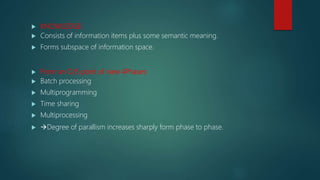  KNOWLEDGE:
 Consists of information items plus some semantic meaning.
 Forms subspace of information space.
 From an O/S point of view 4Phases:
 Batch processing
 Multiprogramming
 Time sharing
 Multiprocessing
 Degree of parallism increases sharply form phase to phase.
 