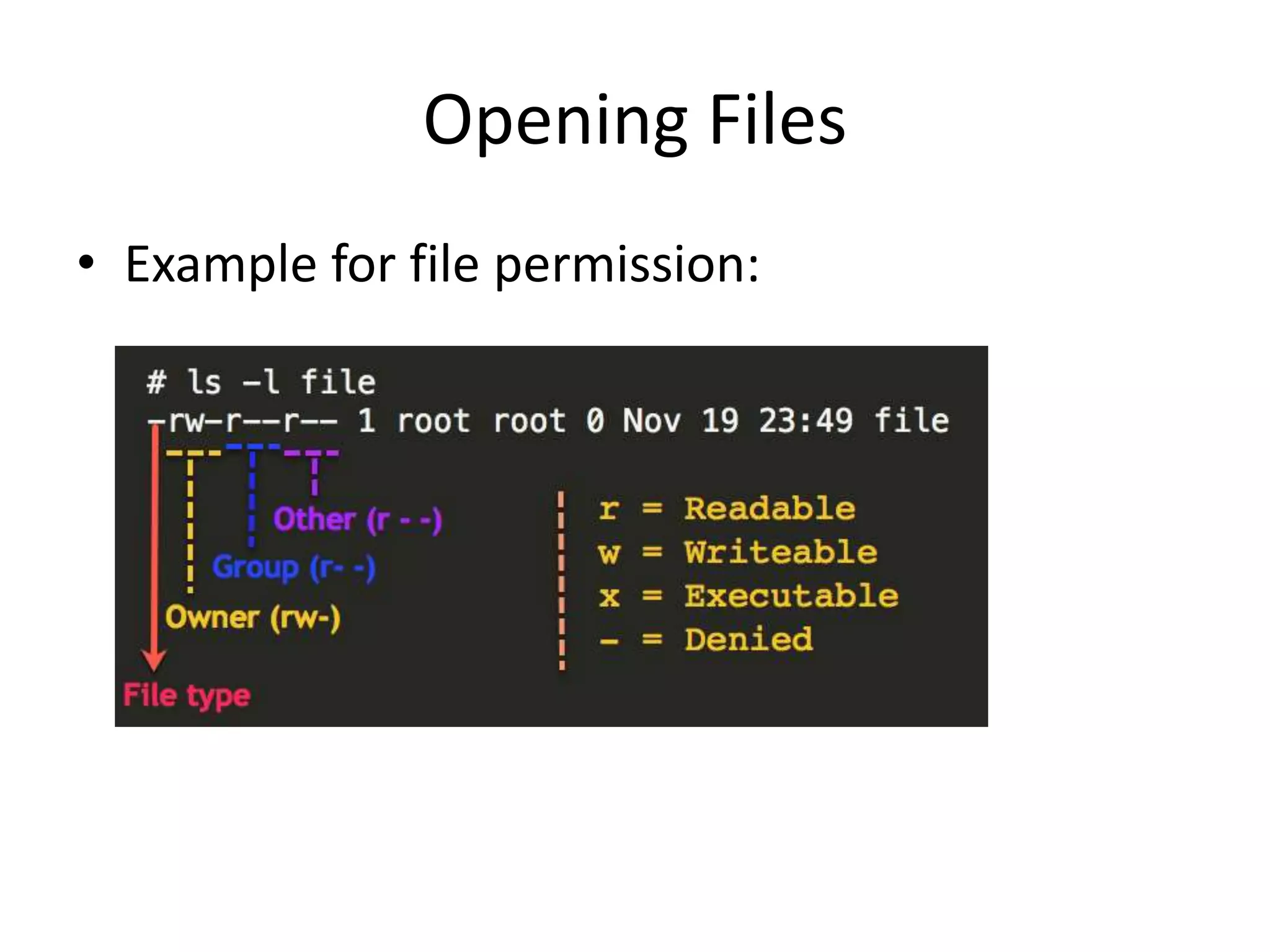 Opening Files
• Example for file permission:
 