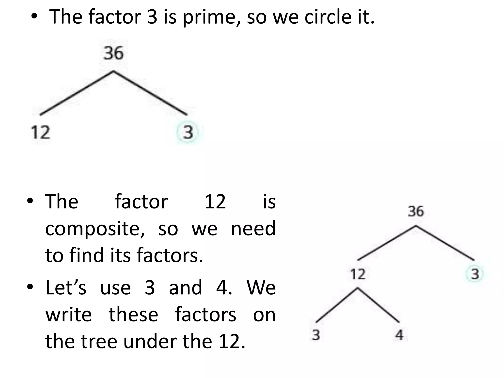 • The factor 3 is prime, so we circle it.
• The factor 12 is
composite, so we need
to find its factors.
• Let’s use 3 and 4. We
write these factors on
the tree under the 12.
 