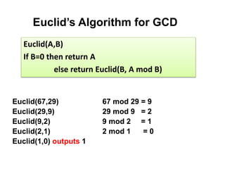 Euclid(67,29) 67 mod 29 = 9
Euclid(29,9) 29 mod 9 = 2
Euclid(9,2) 9 mod 2 = 1
Euclid(2,1) 2 mod 1 = 0
Euclid(1,0) outputs 1
Euclid(A,B)
If B=0 then return A
else return Euclid(B, A mod B)
Euclid’s Algorithm for GCD
 