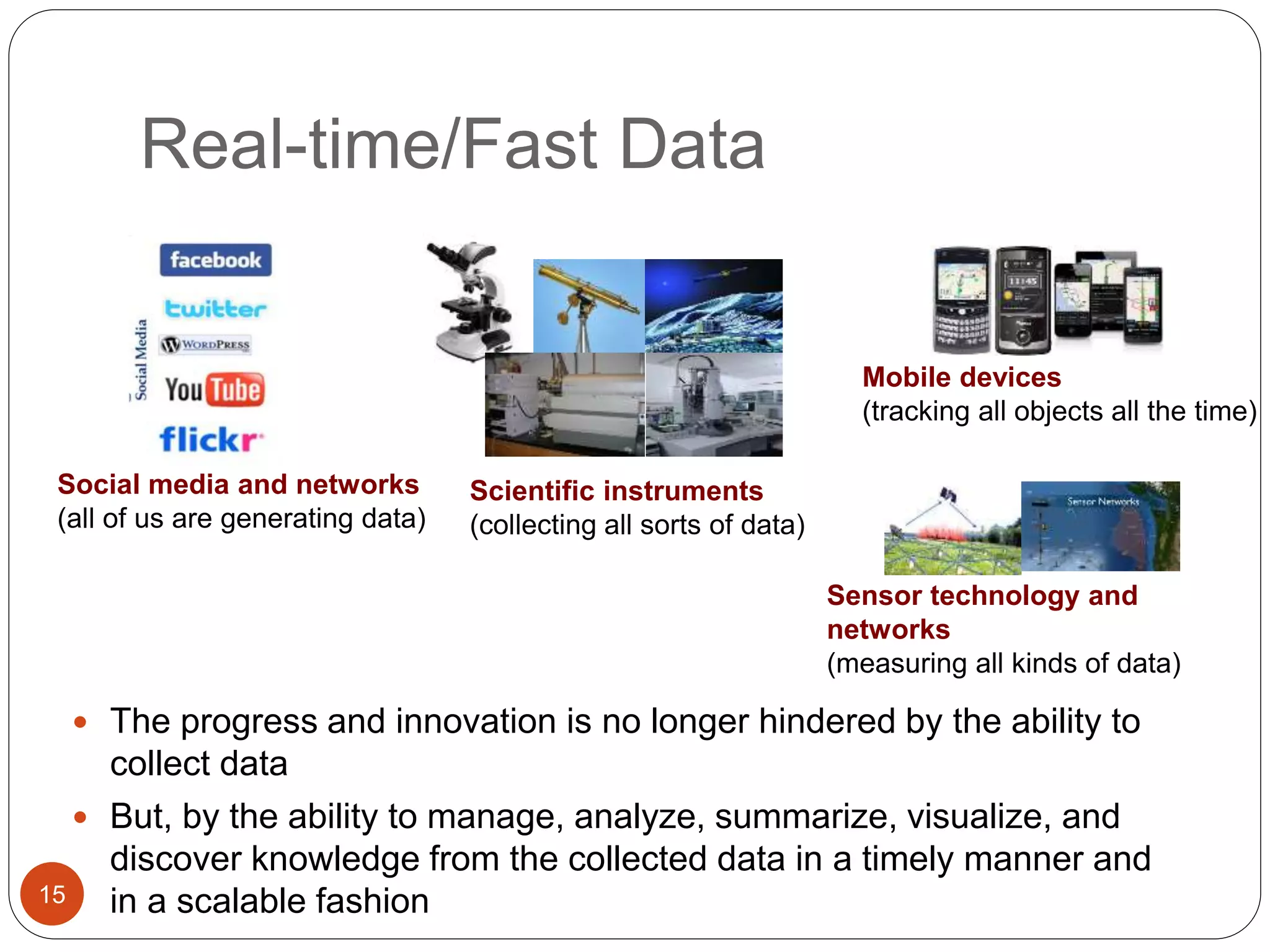 Real-time/Fast Data
15
 The progress and innovation is no longer hindered by the ability to
collect data
 But, by the ability to manage, analyze, summarize, visualize, and
discover knowledge from the collected data in a timely manner and
in a scalable fashion
Social media and networks
(all of us are generating data)
Scientific instruments
(collecting all sorts of data)
Mobile devices
(tracking all objects all the time)
Sensor technology and
networks
(measuring all kinds of data)
 