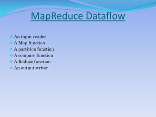 MapReduce Dataflow
 An input reader
 A Map function
 A partition function
 A compare function
 A Reduce function
 An output writer
 