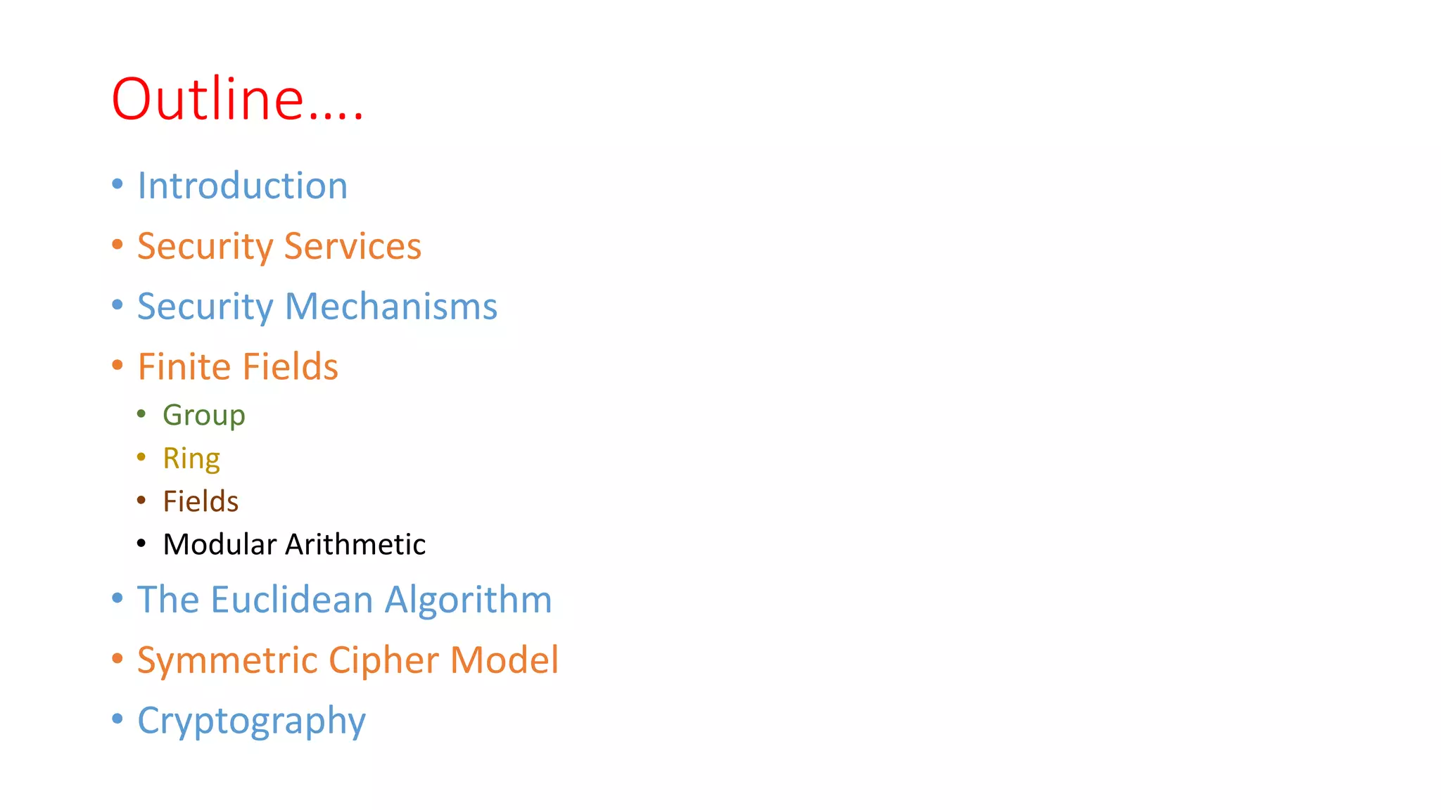 Outline….
• Introduction
• Security Services
• Security Mechanisms
• Finite Fields
• Group
• Ring
• Fields
• Modular Arithmetic
• The Euclidean Algorithm
• Symmetric Cipher Model
• Cryptography
 