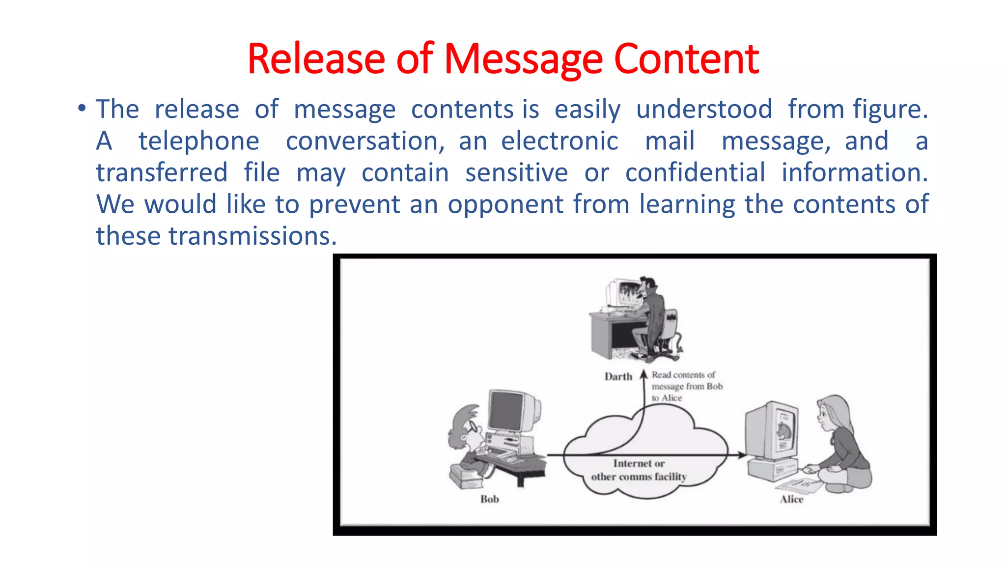 Release of Message Content
• The release of message contents is easily understood from figure.
A telephone conversation, an electronic mail message, and a
transferred file may contain sensitive or confidential information.
We would like to prevent an opponent from learning the contents of
these transmissions.
 