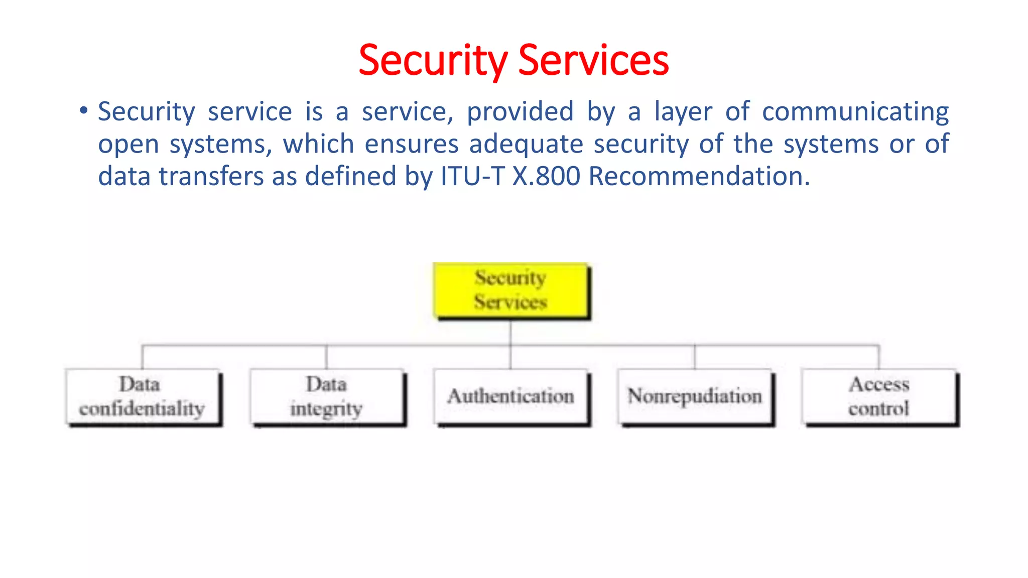 Security Services
• Security service is a service, provided by a layer of communicating
open systems, which ensures adequate security of the systems or of
data transfers as defined by ITU-T X.800 Recommendation.
 