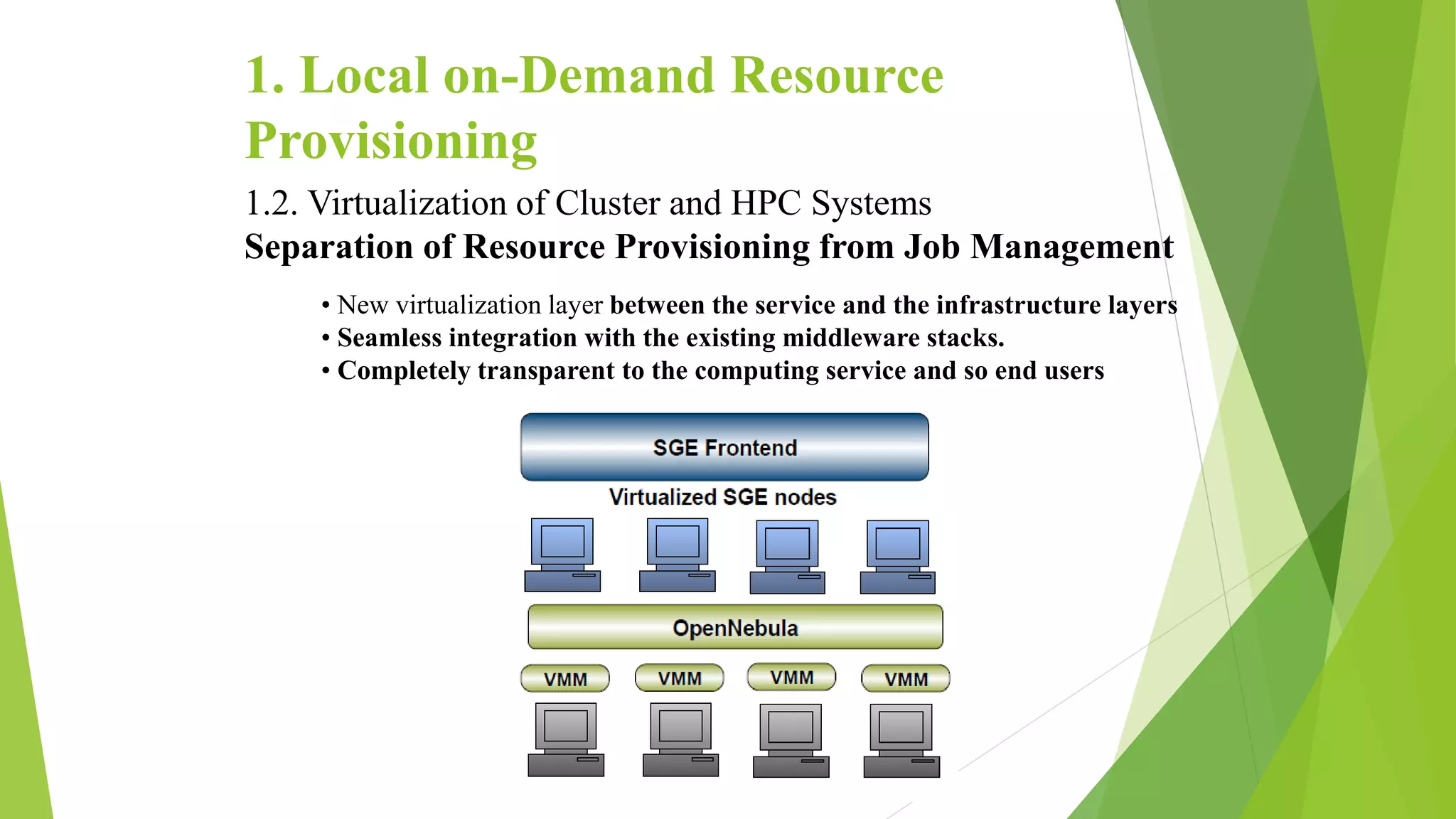 1. Local on-Demand Resource
Provisioning
1.2. Virtualization of Cluster and HPC Systems
Separation of Resource Provisioning from Job Management
• New virtualization layer between the service and the infrastructure layers
• Seamless integration with the existing middleware stacks.
• Completely transparent to the computing service and so end users
 