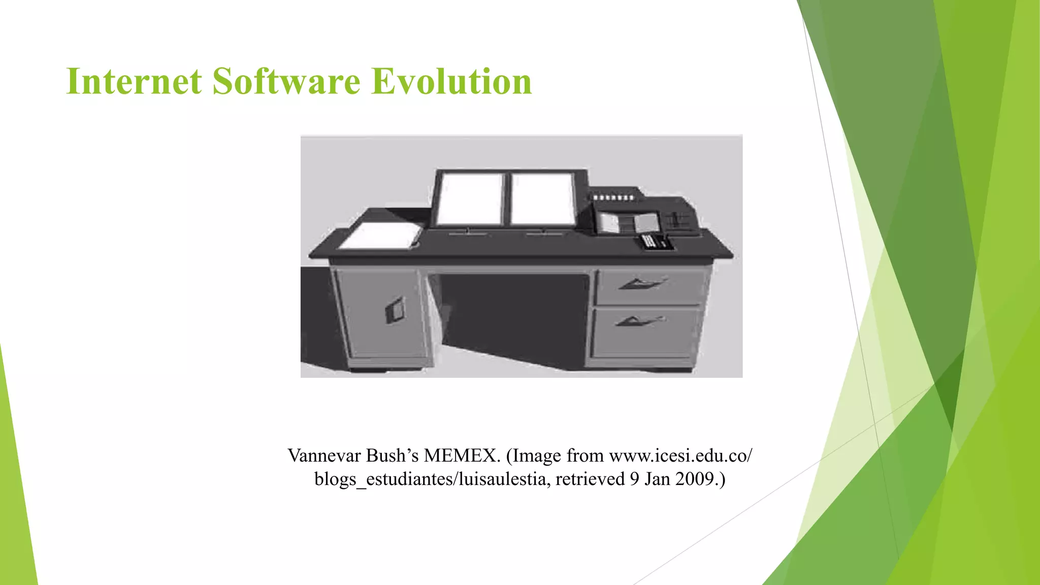 Internet Software Evolution
Vannevar Bush’s MEMEX. (Image from www.icesi.edu.co/
blogs_estudiantes/luisaulestia, retrieved 9 Jan 2009.)
 
