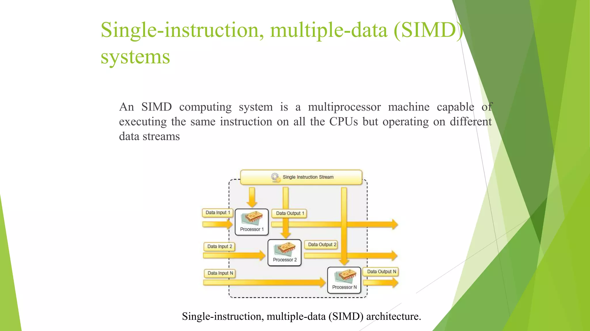 Single-instruction, multiple-data (SIMD)
systems
An SIMD computing system is a multiprocessor machine capable of
executing the same instruction on all the CPUs but operating on different
data streams
Single-instruction, multiple-data (SIMD) architecture.
 
