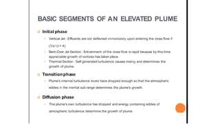 BASIC SEGMENTS OF AN ELEVATED PLUME
o Initial phase
• Vertical Jet : Effluents are not deflected immediately upon entering the cross flow if
(Vs/ U> 4)
• Bent-Over Jet Section : Entrainment of the cross flow is rapid because by this time
appreciable growth of vortices has taken place.
• Thermal Section : Self generated turbulence causes mixing and determines the
growth of plume.
o Transition phase
• Plume's internal turbulence levels have dropped enough so that the atmospheric
eddies in the inertial sub range determines the plume's growth.
o Diffusion phase
• The plume's own turbulence has dropped and energy containing eddies of
atmospheric turbulence determine the growth of plume
 
