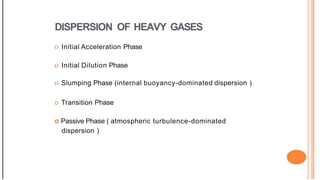 DISPERSION OF HEAVY GASES
o Initial Acceleration Phase
o Initial Dilution Phase
o Slumping Phase (internal buoyancy-dominated dispersion )
o Transition Phase
o Passive Phase ( atmospheric turbulence-dominated
dispersion )
 