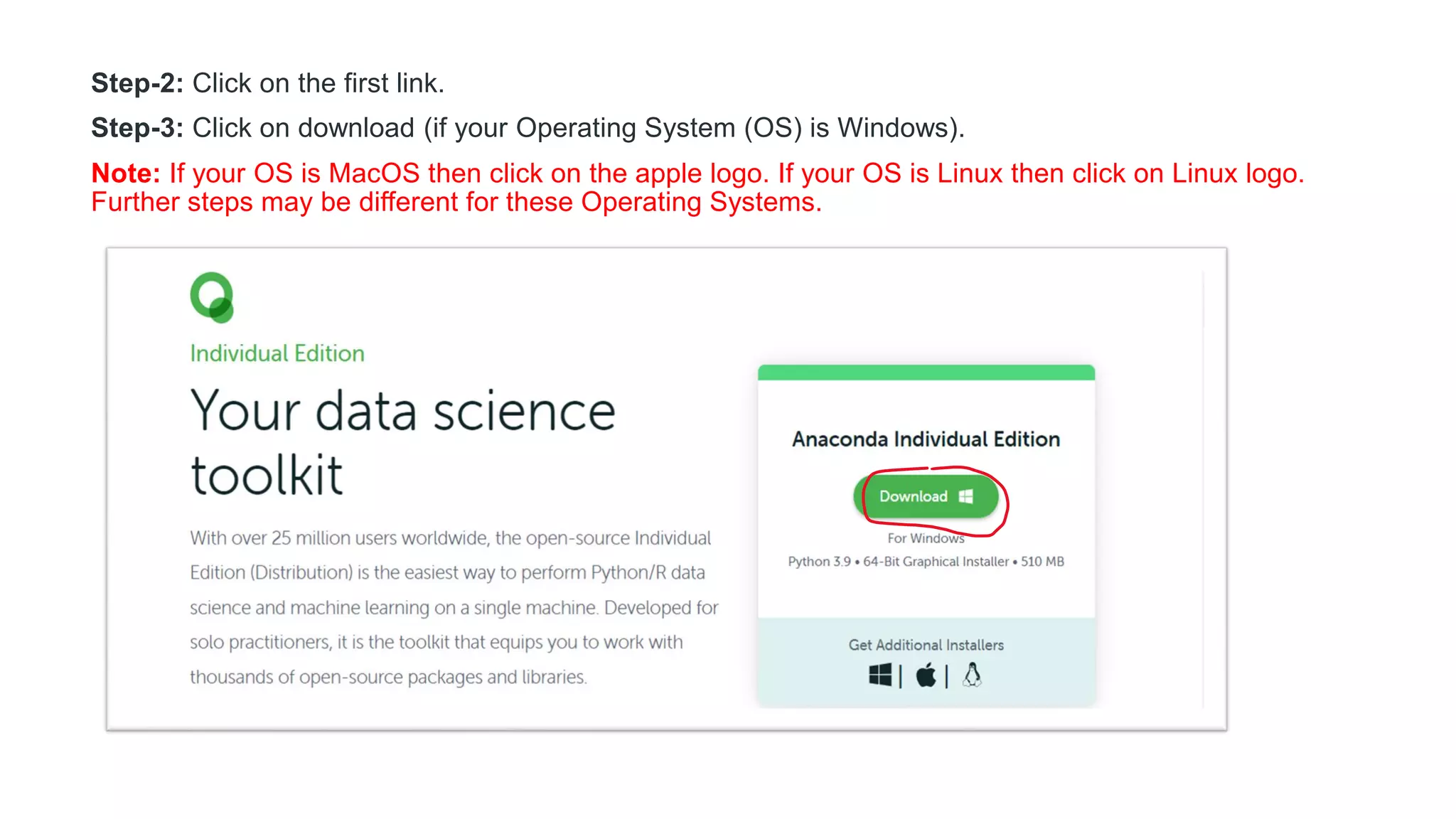 Step-2: Click on the first link.
Step-3: Click on download (if your Operating System (OS) is Windows).
Note: If your OS is MacOS then click on the apple logo. If your OS is Linux then click on Linux logo.
Further steps may be different for these Operating Systems.
 