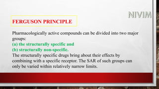 FERGUSON PRINCIPLE
Pharmacologically active compounds can be divided into two major
groups:
(a) the structurally specific and
(b) structurally non-specific.
The structurally specific drugs bring about their effects by
combining with a specific receptor. The SAR of such groups can
only be varied within relatively narrow limits.
 