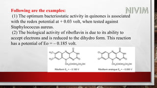 Following are the examples:
(1) The optimum bacteriostatic activity in quinones is associated
with the redox potential at + 0.03 volt, when tested against
Staphylococcus aureus.
(2) The biological activity of riboflavin is due to its ability to
accept electrons and is reduced to the dihydro form. This reaction
has a potential of Eo = – 0.185 volt.
 