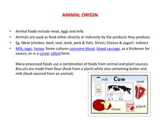 ANIMAL ORIGIN
• Animal foods include meat, eggs and milk.
• Animals are used as food either directly or indirectly by the products they produce.
• Eg. Meat (chicken, beef, veal, lamb, pork & fish)- Direct, Cheese & yogurt- Indirect
• Milk, eggs, honey, Some cultures consume blood, blood sausage, as a thickener for
sauces, or in a cured, salted form.
Many processed foods use a combination of foods from animal and plant sources.
Biscuits are made from flour (food from a plant) while also containing butter and
milk (food sourced from an animal).
 