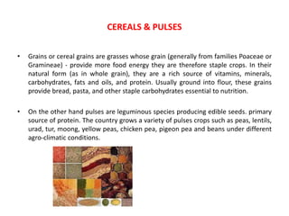 CEREALS & PULSES
• Grains or cereal grains are grasses whose grain (generally from families Poaceae or
Gramineae) - provide more food energy they are therefore staple crops. In their
natural form (as in whole grain), they are a rich source of vitamins, minerals,
carbohydrates, fats and oils, and protein. Usually ground into flour, these grains
provide bread, pasta, and other staple carbohydrates essential to nutrition.
• On the other hand pulses are leguminous species producing edible seeds. primary
source of protein. The country grows a variety of pulses crops such as peas, lentils,
urad, tur, moong, yellow peas, chicken pea, pigeon pea and beans under different
agro-climatic conditions.
 