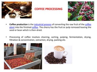 • Coffee production is the industrial process of converting the raw fruit of the coffee
plant into the finished coffee. The cherry has the fruit or pulp removed leaving the
seed or bean which is then dried.
• Processing of coffee involves cleaning, sorting, pulping, fermentation, drying,
filtration & concentration, extraction, drying, packing etc.
COFFEE PROCESSING
 