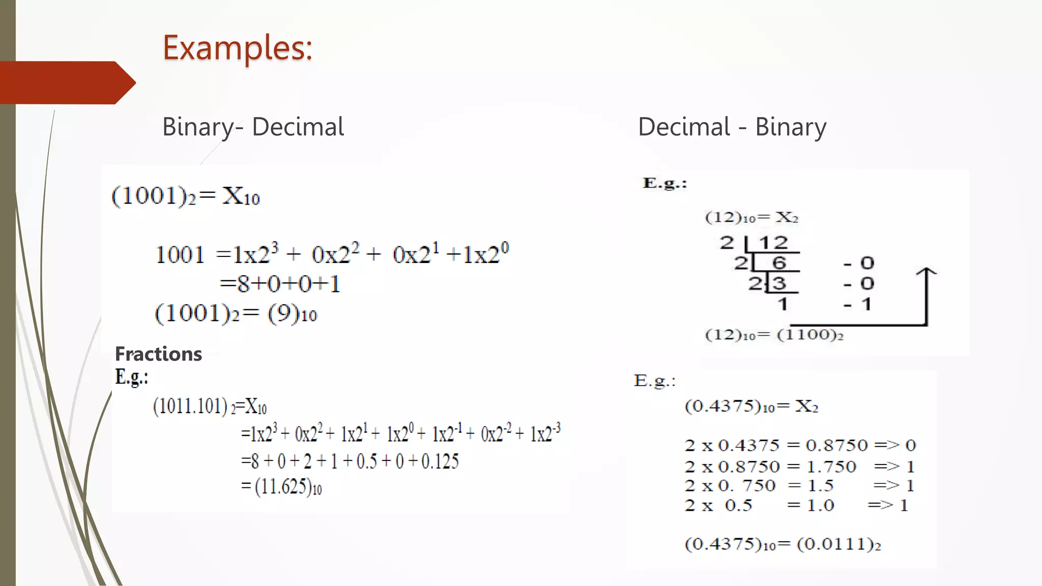 Examples:
Binary- Decimal Decimal - Binary
Fractions
 