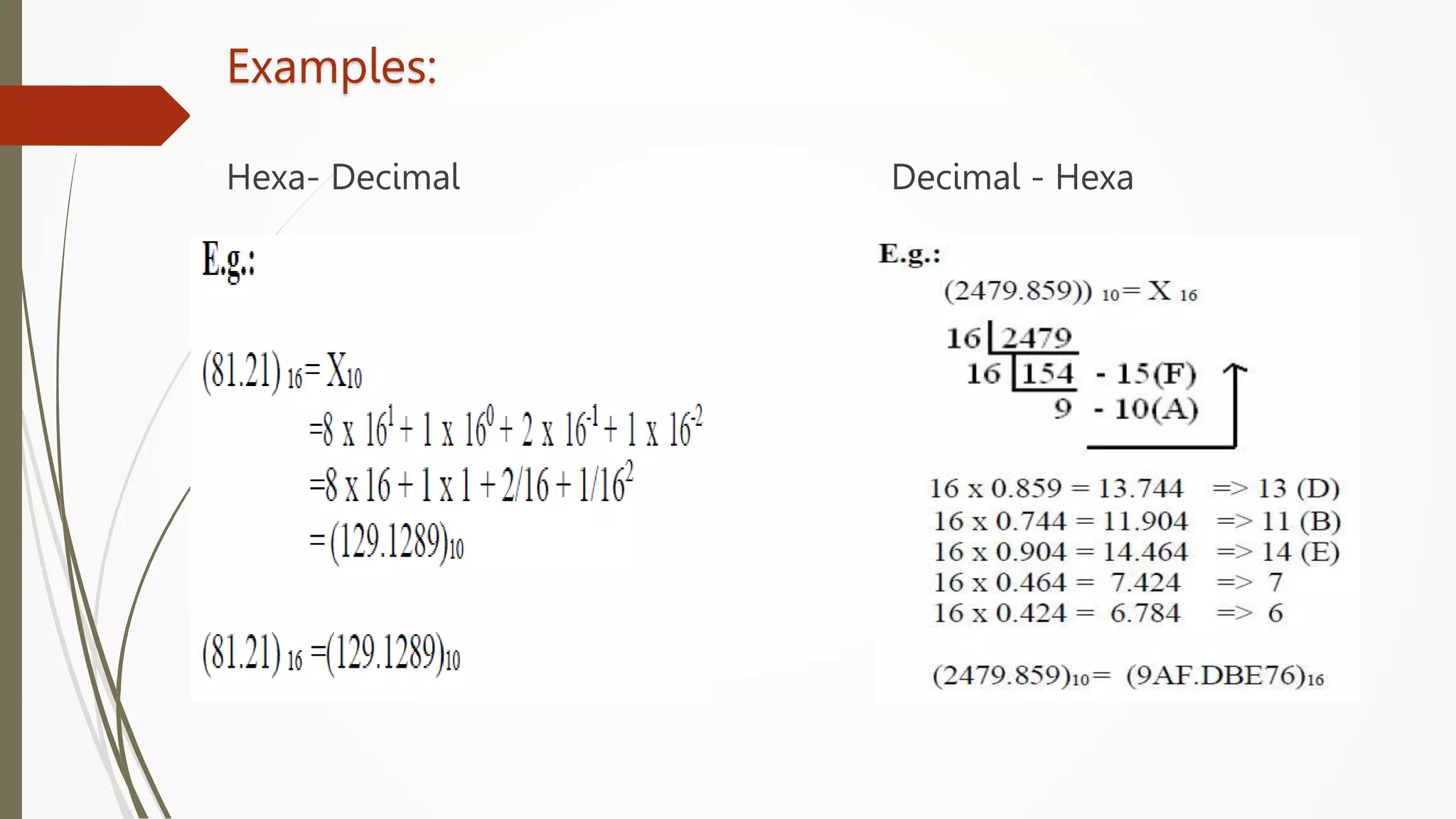 Examples:
Hexa- Decimal Decimal - Hexa
 