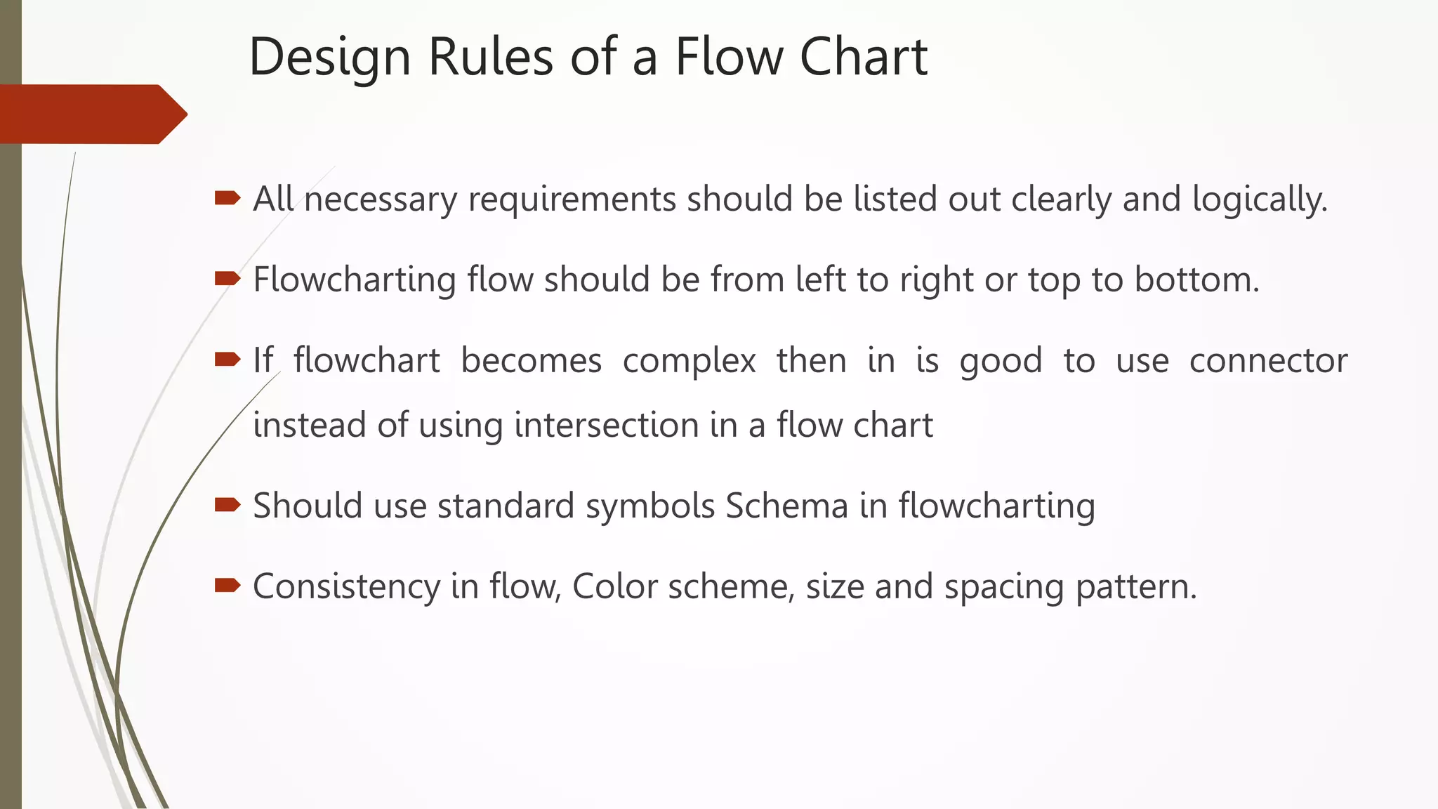Design Rules of a Flow Chart
 All necessary requirements should be listed out clearly and logically.
 Flowcharting flow should be from left to right or top to bottom.
 If flowchart becomes complex then in is good to use connector
instead of using intersection in a flow chart
 Should use standard symbols Schema in flowcharting
 Consistency in flow, Color scheme, size and spacing pattern.
 