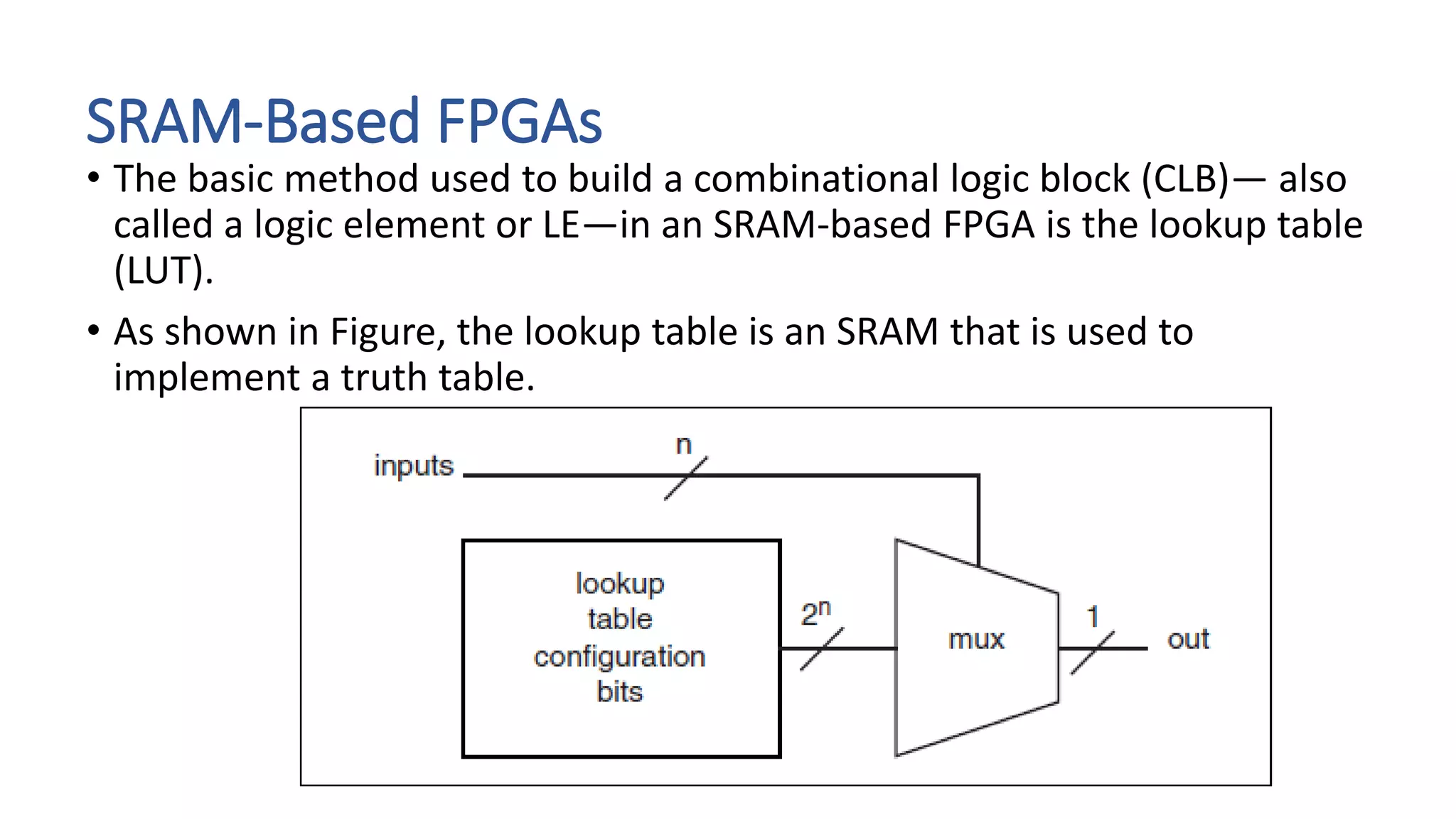 SRAM-Based FPGAs
• The basic method used to build a combinational logic block (CLB)— also
called a logic element or LE—in an SRAM-based FPGA is the lookup table
(LUT).
• As shown in Figure, the lookup table is an SRAM that is used to
implement a truth table.
 