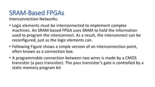 SRAM-Based FPGAs
Interconnection Networks:
• Logic elements must be interconnected to implement complex
machines. An SRAM-based FPGA uses SRAM to hold the information
used to program the interconnect. As a result, the interconnect can be
reconfigured, just as the logic elements can.
• Following Figure shows a simple version of an interconnection point,
often known as a connection box.
• A programmable connection between two wires is made by a CMOS
transistor (a pass transistor). The pass transistor’s gate is controlled by a
static memory program bit
 
