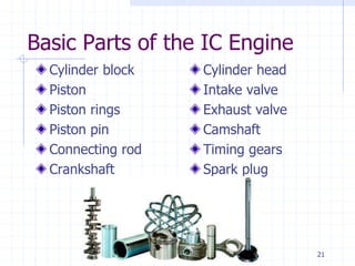 21
Basic Parts of the IC Engine
Cylinder block
Piston
Piston rings
Piston pin
Connecting rod
Crankshaft
Cylinder head
Intake valve
Exhaust valve
Camshaft
Timing gears
Spark plug
 