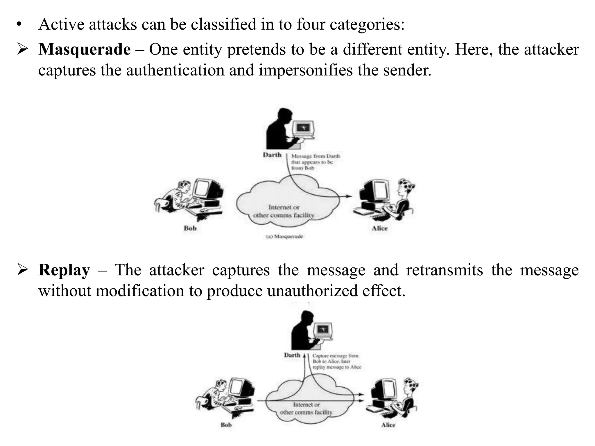 • Active attacks can be classified in to four categories:
 Masquerade – One entity pretends to be a different entity. Here, the attacker
captures the authentication and impersonifies the sender.
 Replay – The attacker captures the message and retransmits the message
without modification to produce unauthorized effect.
 