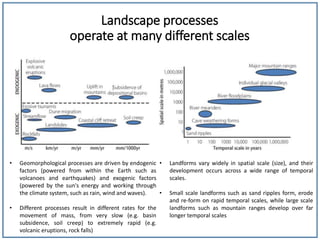 Landscape processes
operate at many different scales
• Geomorphological processes are driven by endogenic
factors (powered from within the Earth such as
volcanoes and earthquakes) and exogenic factors
(powered by the sun's energy and working through
the climate system, such as rain, wind and waves).
• Different processes result in different rates for the
movement of mass, from very slow (e.g. basin
subsidence, soil creep) to extremely rapid (e.g.
volcanic eruptions, rock falls)
• Landforms vary widely in spatial scale (size), and their
development occurs across a wide range of temporal
scales.
• Small scale landforms such as sand ripples form, erode
and re-form on rapid temporal scales, while large scale
landforms such as mountain ranges develop over far
longer temporal scales
 
