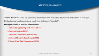 P.RAMA SANTOSH NAIDU, MVGR(A)-CSE 15
INTERNET STANDARDS
Internet Standard: These are technically matured standards that define the protocols and formats of messages.
The fundamental standards are those which form the Internet Protocol (IP).
The organizations of Internet Standards are
1. Internet Engineering Task Force (IETF)
2. Internet Society (ISOC)
3. Internet Architecture Board (IAB)
4. Internet Research Task Force (IRTF)
5. World Wide Web Consortium (W3C)
 