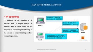 P.RAMA SANTOSH NAIDU, MVGR(A)-CSE 27
MAN IN THE MIDDLE ATTACKS
✓ IP spoofing
IP Spoofing is the creation of IP
packets with a forged source IP
address. This is often done for the
purpose of concealing the identity of
the sender or impersonating another
computing system.
 