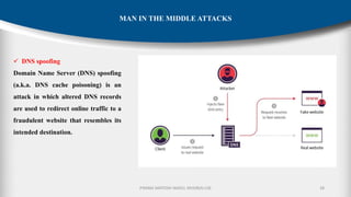 P.RAMA SANTOSH NAIDU, MVGR(A)-CSE 28
MAN IN THE MIDDLE ATTACKS
✓ DNS spoofing
Domain Name Server (DNS) spoofing
(a.k.a. DNS cache poisoning) is an
attack in which altered DNS records
are used to redirect online traffic to a
fraudulent website that resembles its
intended destination.
 