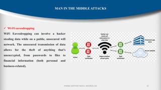 P.RAMA SANTOSH NAIDU, MVGR(A)-CSE 32
MAN IN THE MIDDLE ATTACKS
✓ Wi-Fi eavesdropping
WiFi Eavesdropping can involve a hacker
stealing data while on a public, unsecured wifi
network. The unsecured transmission of data
allows for the theft of anything that’s
unencrypted, from passwords to files to
financial information (both personal and
business-related).
 