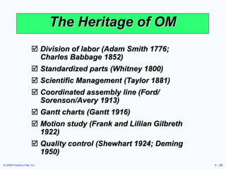 © 2006 Prentice Hall, Inc. 1 – 25
The Heritage of OM
 Division of labor (Adam Smith 1776;
Charles Babbage 1852)
 Standardized parts (Whitney 1800)
 Scientific Management (Taylor 1881)
 Coordinated assembly line (Ford/
Sorenson/Avery 1913)
 Gantt charts (Gantt 1916)
 Motion study (Frank and Lillian Gilbreth
1922)
 Quality control (Shewhart 1924; Deming
1950)
 