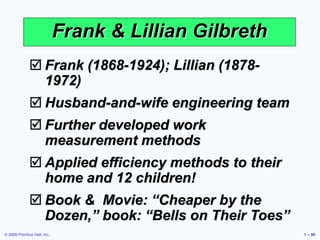 © 2006 Prentice Hall, Inc. 1 – 30
Frank & Lillian Gilbreth
 Frank (1868-1924); Lillian (1878-
1972)
 Husband-and-wife engineering team
 Further developed work
measurement methods
 Applied efficiency methods to their
home and 12 children!
 Book & Movie: “Cheaper by the
Dozen,” book: “Bells on Their Toes”
 