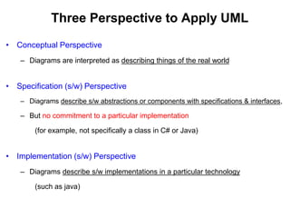 Three Perspective to Apply UML
• Conceptual Perspective
– Diagrams are interpreted as describing things of the real world
• Specification (s/w) Perspective
– Diagrams describe s/w abstractions or components with specifications & interfaces,
– But no commitment to a particular implementation
(for example, not specifically a class in C# or Java)
• Implementation (s/w) Perspective
– Diagrams describe s/w implementations in a particular technology
(such as java)
 