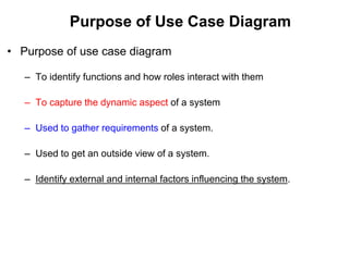 Purpose of Use Case Diagram
• Purpose of use case diagram
– To identify functions and how roles interact with them
– To capture the dynamic aspect of a system
– Used to gather requirements of a system.
– Used to get an outside view of a system.
– Identify external and internal factors influencing the system.
 